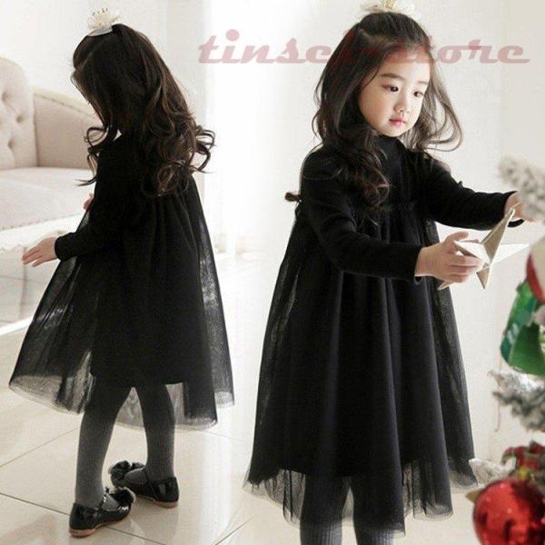 韓国子とも服 子ともワンピース キッズドレス 秋冬 女の子 可愛い チュールスカート ブラック ワン...