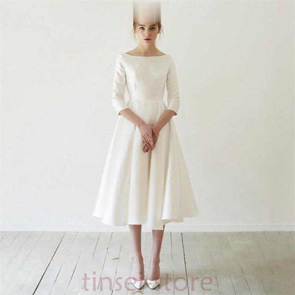 パーティードレス 袖あり 結婚式 ワンピース ドレス サテン aラインミディアム丈 ミモレ丈 フォー...