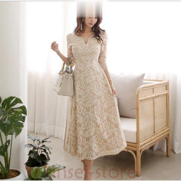 パーティードレス 袖あり 韓国風 結婚式 ドレス レース ワンピース ロング丈 フォーマルドレス 上...