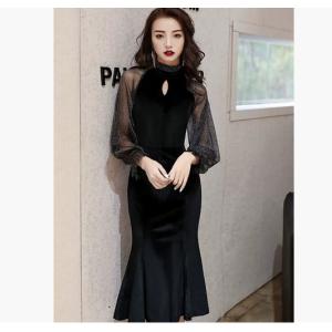 ワンピースレディース40代ロング丈長袖AラインVネックベロアリボン付き