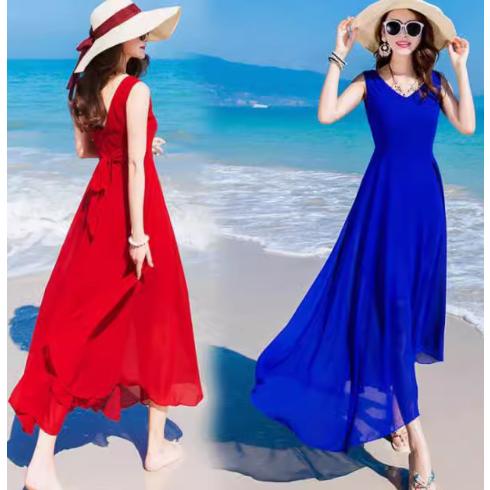 マキシ丈ワンピース レディース シフォン ワンピース Vネック ノースリーブ フレア リゾートワンピ...