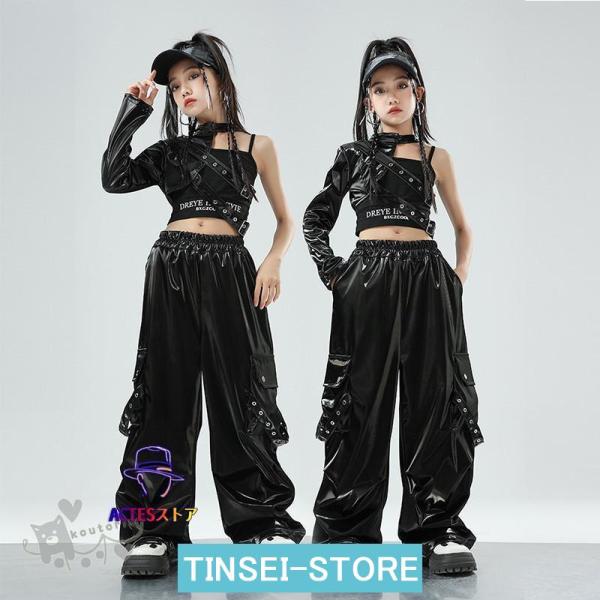 ダンス衣装 k-pop衣装 ヒップホップ ブラックインナー　 黒レザーワンショルダー カーゴパンツ ...