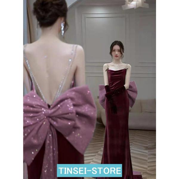 イブニングドレス マーメイドドレス ノースリーブ キャミドレス 背開き ベロア ベルベット ドレス ...