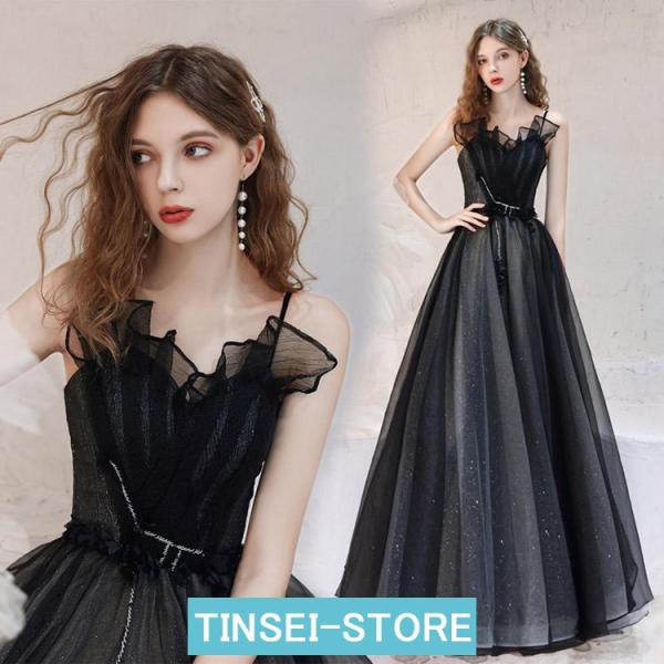 イブニングドレス 黒 ロングドレス キャミドレス ブラック 発表会ドレス 演奏会ドレス チュール パ...