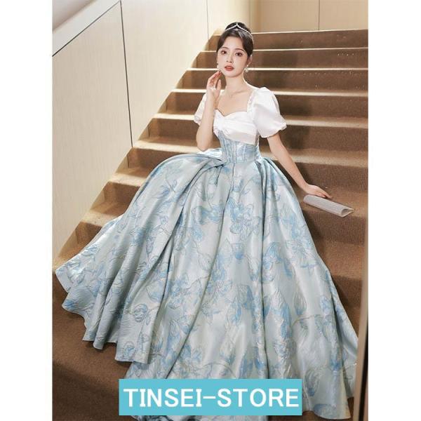 イブニングドレス 花柄 演奏会ドレス 発表会ドレス ブルー パーティードレス ホワイト ナイトドレス...