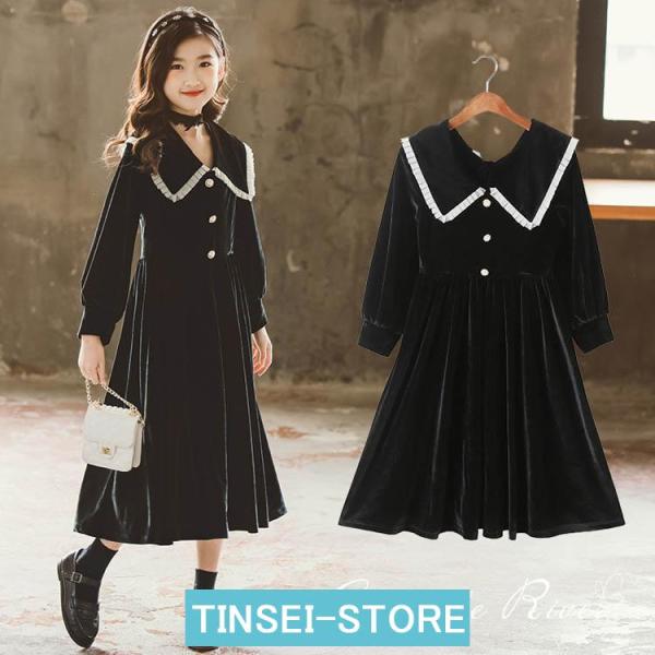 入学式 ワンピース 女の子 黒 フォーマル 卒業式 子供 ブラック 長袖  韓国 子供ドレス 発表会...