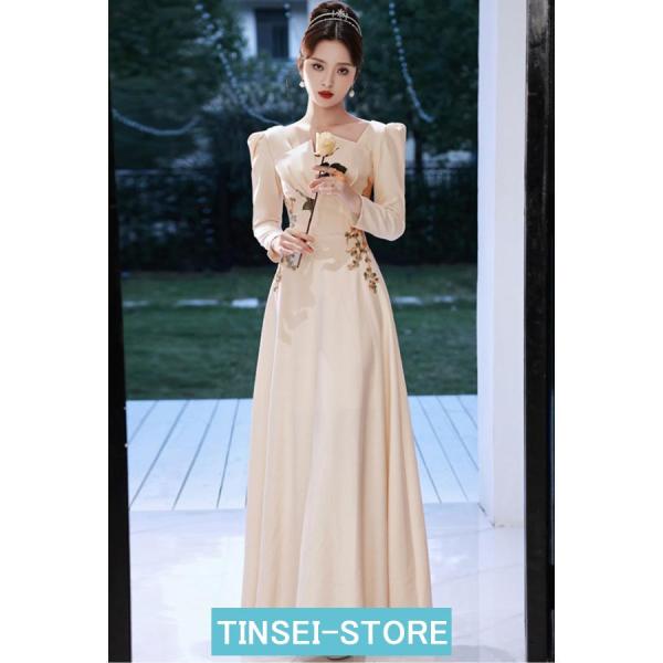 ピアノ発表会 ドレス 大人 長袖 マキシ丈 花柄 刺繍 ワンピース レディース 中学生 高校生 エレ...