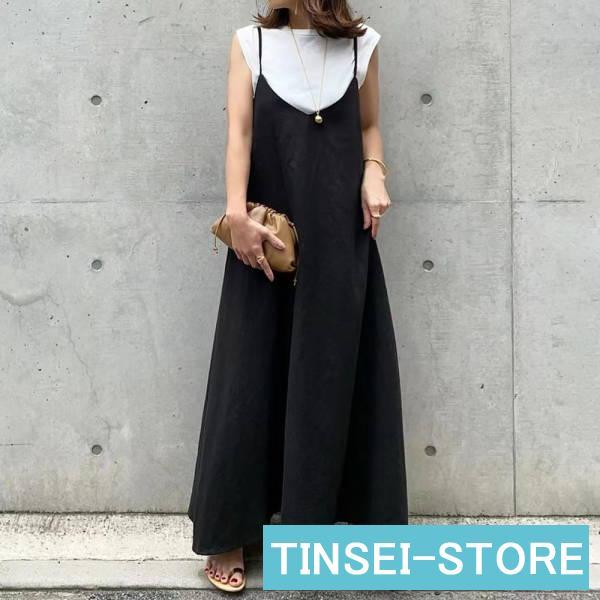 サロペット オールインワン マキシ丈 ジャンパースカート ロング リネン 無地  レディース
