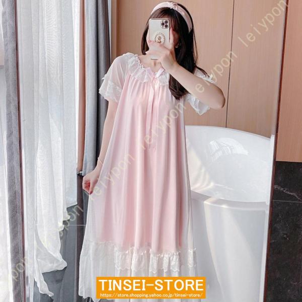 レディース ネグリジェ 姫系 半袖 夏用 とろみ素材 レース フリル ロマンティック 宮廷風 ガウン...