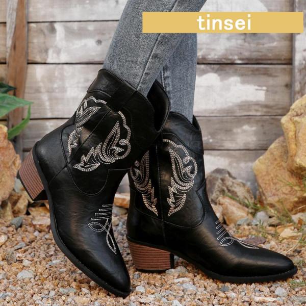 ローヒール 刺繍 ショートブーツ レディース ローヒール 歩きやすい ウエスタンブーツ おしゃれ 大...