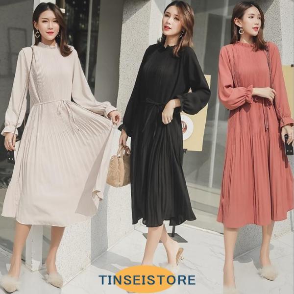 ワンピース レディース 春新作 きれいめ ロングワンピース プリーツ 長袖 マキシ丈 フォーマルワン...