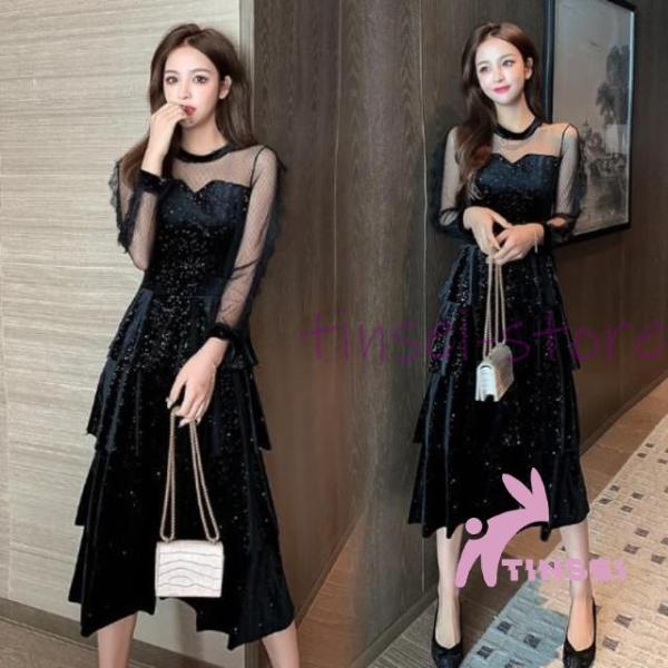 レディースファッション パーティードレス 結婚式 ドレス お呼ばれ ドレス 黒 韓国 袖あり 長袖 ...