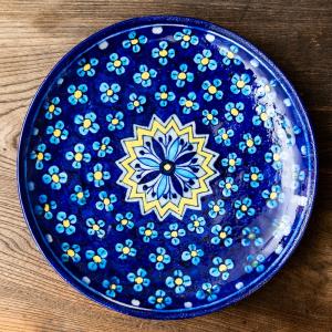   青い花柄 皿 直径25.5cm　175　 ２枚 陶器 青陶器 ジャイプル ブルーポッタリー 〔大皿 直径：25.5cm
