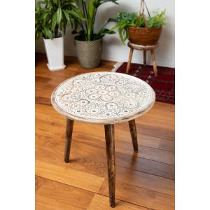 送料無料 アジアン家具 テーブル ナチュラル 木製 (直径54cm)フラワーマンダラの彫刻が美しいサイドテーブル