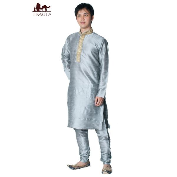 送料無料 クルタパジャマ Kurta Pajama 男性 クルタ・パジャマ シルバー(光沢生地ゴージ...