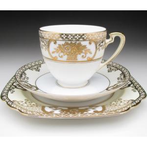 オールドノリタケ 金彩 ターコイズ 薔薇 カップ トリオ ノリタケ オールドノリタケ ブルー地金盛り薔薇絵 カップ＆ソーサー (a