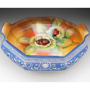 ノリタケ オールドノリタケ オレンジ色地金盛り花文 スクエアボウル