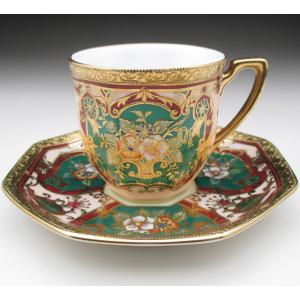 ノリタケ オールドノリタケ グリーン地金盛り花文 トリオ カップ