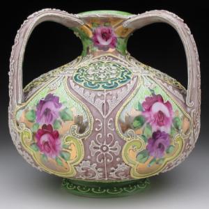 ノリタケ オールドノリタケ 金盛り薔薇絵 花瓶 25cm : アンティーク