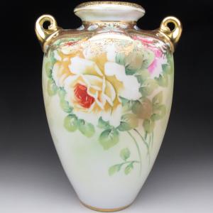 ノリタケ オールドノリタケ 茶地金盛り薔薇絵 花瓶 : アンティーク