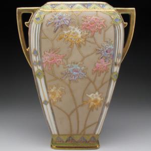 ノリタケ オールドノリタケ 茶地金盛り薔薇絵 花瓶 : アンティーク