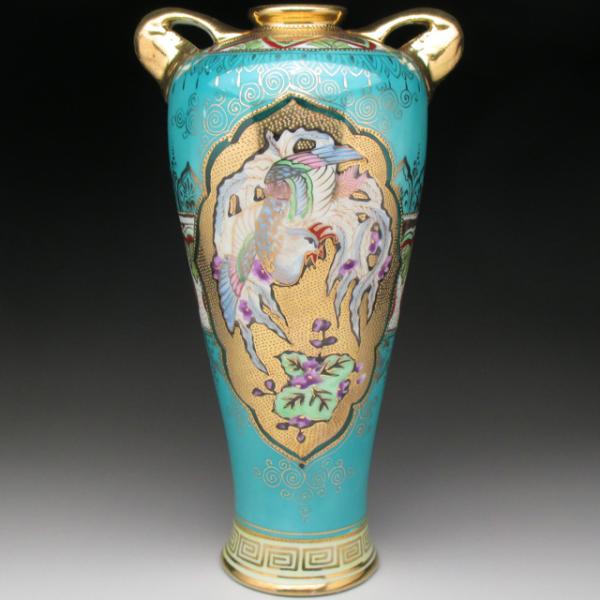 オールドノリタケ ブルー地金盛り鳥絵 花瓶 22cm
