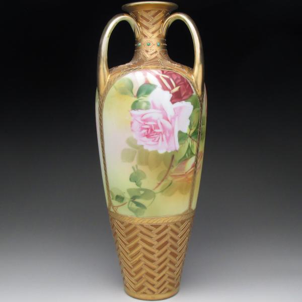 オールドノリタケ 茶地金盛りジュール薔薇絵 花瓶 29cm