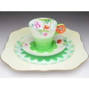 オールドノリタケ グリーン地花絵フラワーハンドル