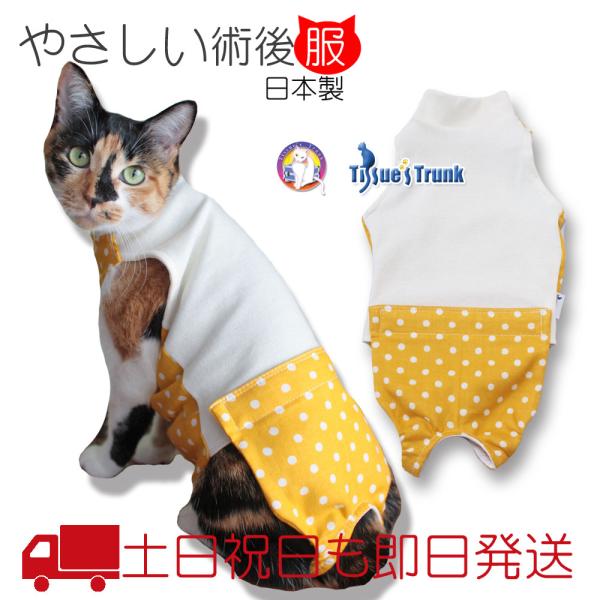 【土日祝日発送】お家での介護がしやすい猫用術後服・水玉オレンジ