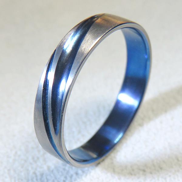 純チタンの指輪（1本：受注生産）平打ち 艶消 2Line＆in Blu