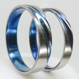 純チタン結婚指輪：艶消仕上げ： 2Line＆in Blue：2本セット