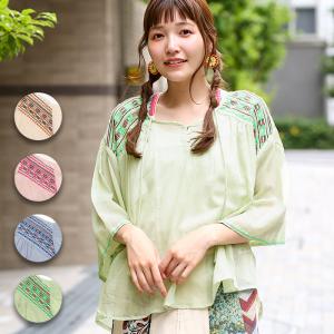 ブラウス トップス レディース 春 夏 七分袖 刺繍 シアー 透け感 インド綿100％ タッセル ヨーク刺繍ラウンドプルオーバー lsibd203｜titicaca-y