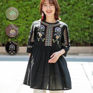 ブラウス チュニック トップス レディース 春 夏 七分袖 刺しゅう ボタニカル 綿100％ コットン ボタニカル刺繍チュニック lsibd204