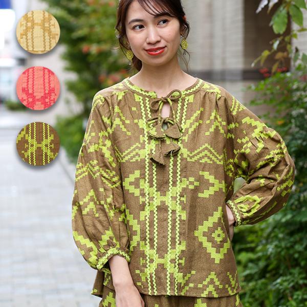 ナバホジャカードプルオーバー ／ 総柄ブラウス レディース 秋冬 春 ネイティブ柄 ゆったり 七分袖...