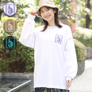 カラーステッチ刺繍ロングTシャツ ／ カットソー プルオーバー トップス レディース 春 秋 長袖 クルーネック ステッチ 刺しゅう ケツァール ワンポイント