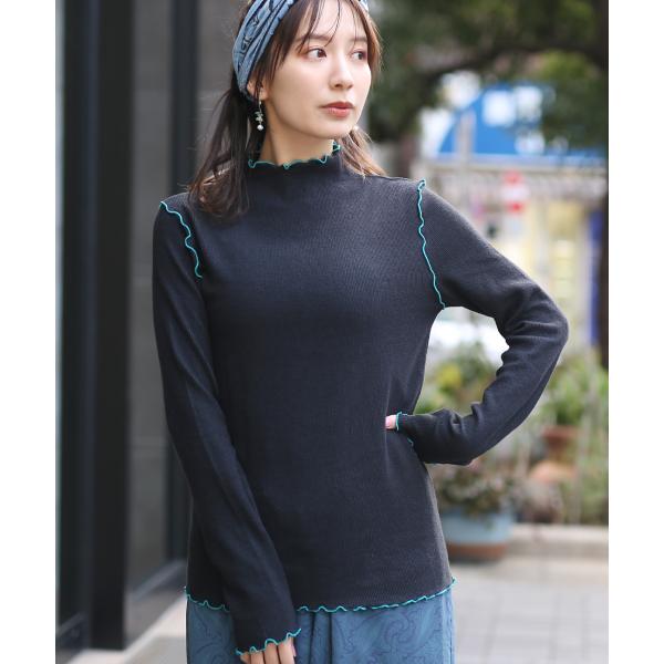 リブボトルネックTシャツ ／ ロングTシャツ インナー トップス カットソー レディース 秋 冬 春...