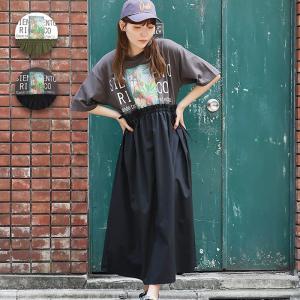 ドッキングプリントTシャツワンピース ／ ロングワンピース レディース 春 夏 半袖 マキシ丈 上下 リメイク風 ワーク感 シンプル プリント ハイウエスト 楽ちん｜titicaca-y