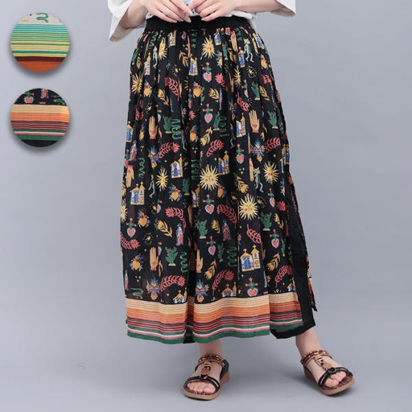 メヒコモチーフプリントパンツスカート ／ ロングパンツ レディース 春 夏 薄手 スカート見え レイ...