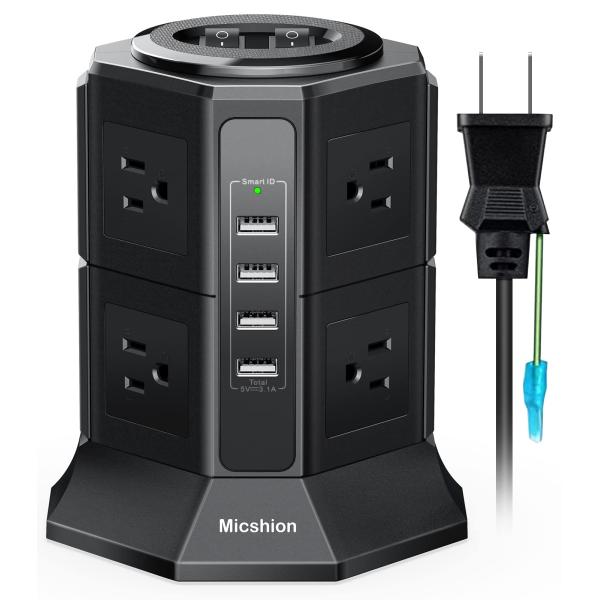 電源タップ タワー式 縦型コンセント 2つのバイポーラスイッチ AC 8個口 USB 4ポート（4....