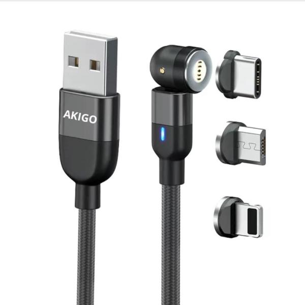 充電ケーブル マグネット 急速 3in1 3a micro usb akigo (1m, ブラック)