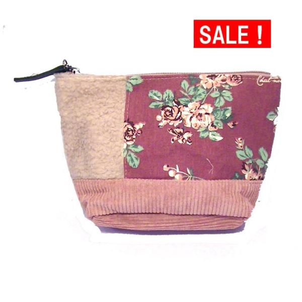 ３素材のパッチワーク 舟型 花柄 化粧ポーチ・ピンク 　（１８７０円⇒特価）　0313-01
