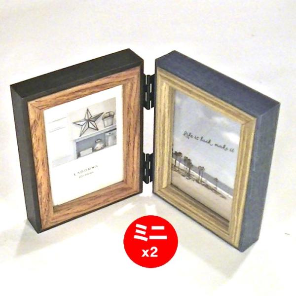 写真立て 木製フォトフレーム ミニサイズ用 2枚 ２蓮・ネイビー＆ブラウン 0817-92