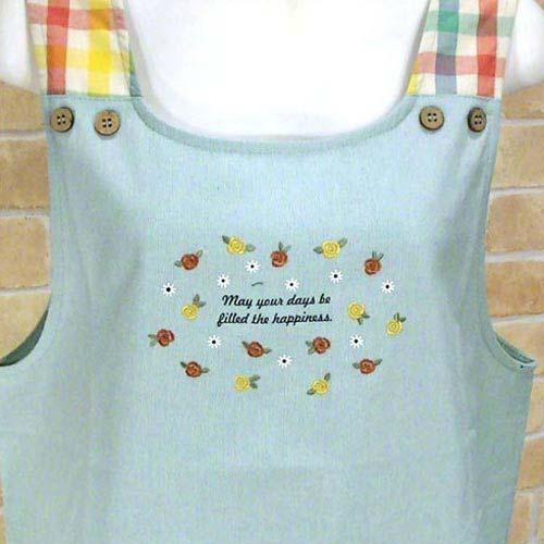 エプロン チェック柄　ボタン＆紐結び バラ＆マーガレット ポケット付き 2315-30-1　プレゼン...