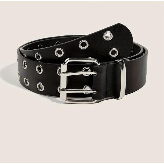 ダブルピンバックルベルト ブラック ヒップホップアイレット リベットスタッド PUウエストバンド パ...