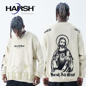 HARSH AND CRUEL ハーシュアンドクルーエル HAC 袖ロゴ イエス プリント セーター ニット Oversize プルオーバー トップス ニット 丸首 セーター