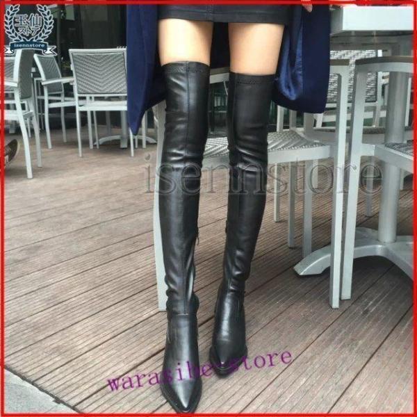 【値下げ】ニーハイブーツロング膝上秋冬ポインテッドトゥローヒールストレッチブーツレディースロングブー...