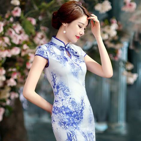 チャイナドレス 花柄 半袖 シルク素材 ロッグ丈　ショート丈 チャイナ服 ミニチャイナドレス パーテ...