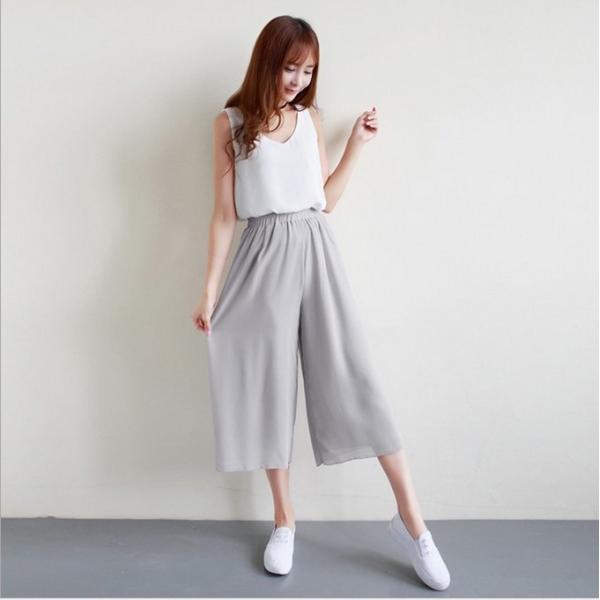 ガウチョパンツ レディース シフォン 9分丈 二重 ハイウェスト ワイドパンツ ゆったり カジュアル...