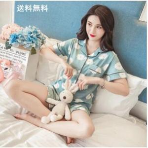 2点セット パジャマ レディース シャツ ショートパンツ 中袖 綿 前開 襟付き プリント ルームウ...