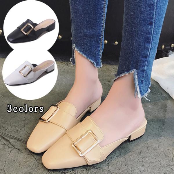 ミュールサンダル スクエアトゥ 靴 レディース 太めヒール フラットシューズ  ワークシューズ パー...